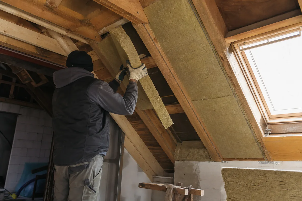 Artisan retirant un panneau isolant humide sous les rampants d’un comble en cours de rénovation