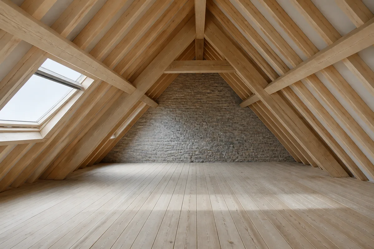 Charpente traditionnelle de comble aménageable, chevrons apparents et lumière naturelle entrant par une fenêtre de toit