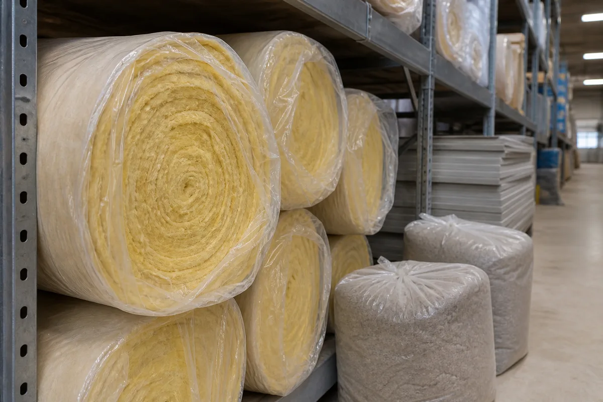 Rouleaux et panneaux isolants de différentes natures stockés dans un dépôt de matériaux de construction