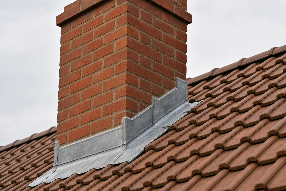 Souche de cheminée en briques traversant une couverture en tuiles, bande de solin en zinc visible au raccord