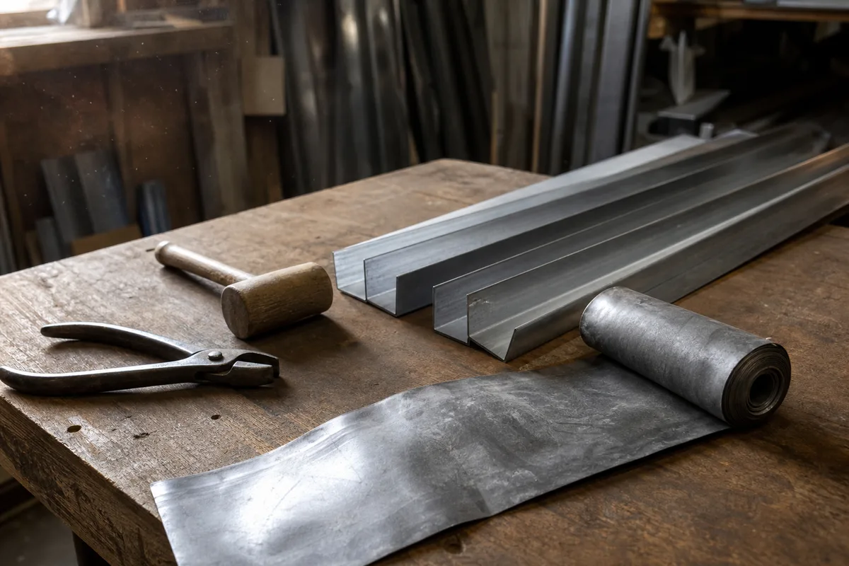 Bandes de solin en zinc et rouleau de plomb façonné posés sur un plan de travail d’atelier de zinguerie
